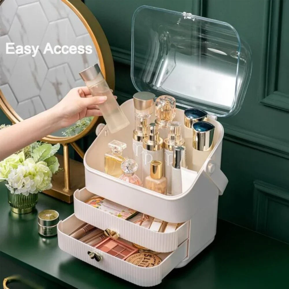 Preppy Skincare Organizer, 3-Tier Ivory White Makeup Box with Drawers & Handle